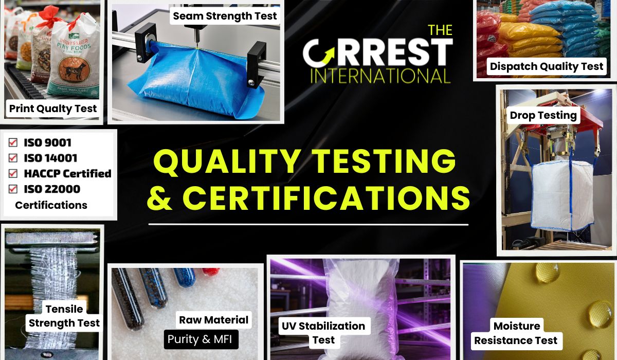 Quality testing procedures for industrial packaging including tensile strength, seam strength, moisture resistance, UV stabilization, drop test, print quality inspection and ISO certifications