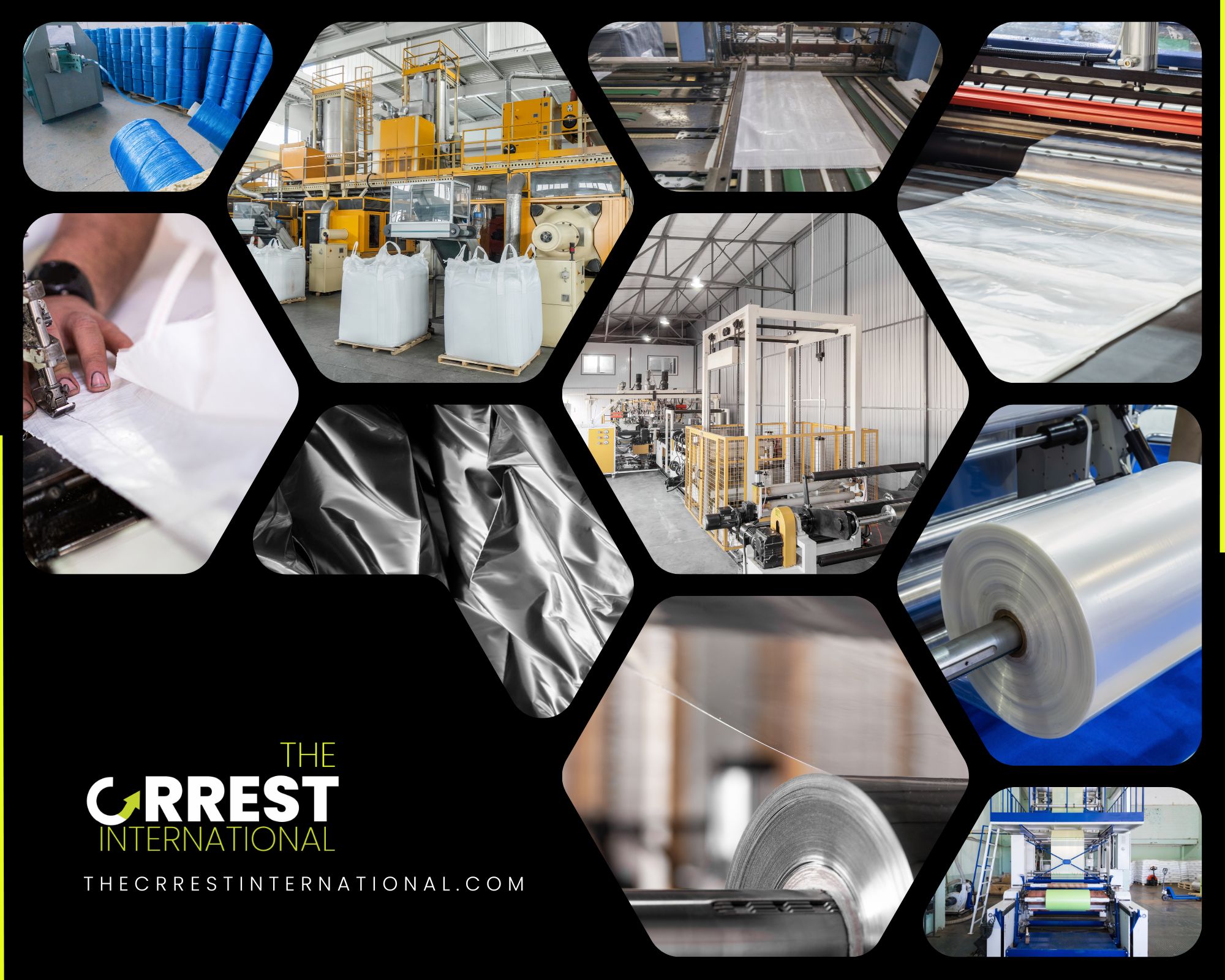 PP woven bag manufacturing machines, circular weaving looms, lamination units, and industrial packaging production process at The Crrest International