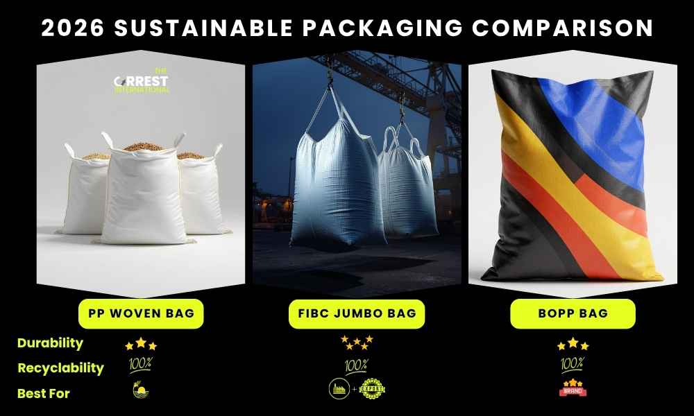 Comparison chart of Sustainable Industrial Packaging 2026: PP woven bags vs FIBC jumbo bags vs BOPP bags for circular economy.