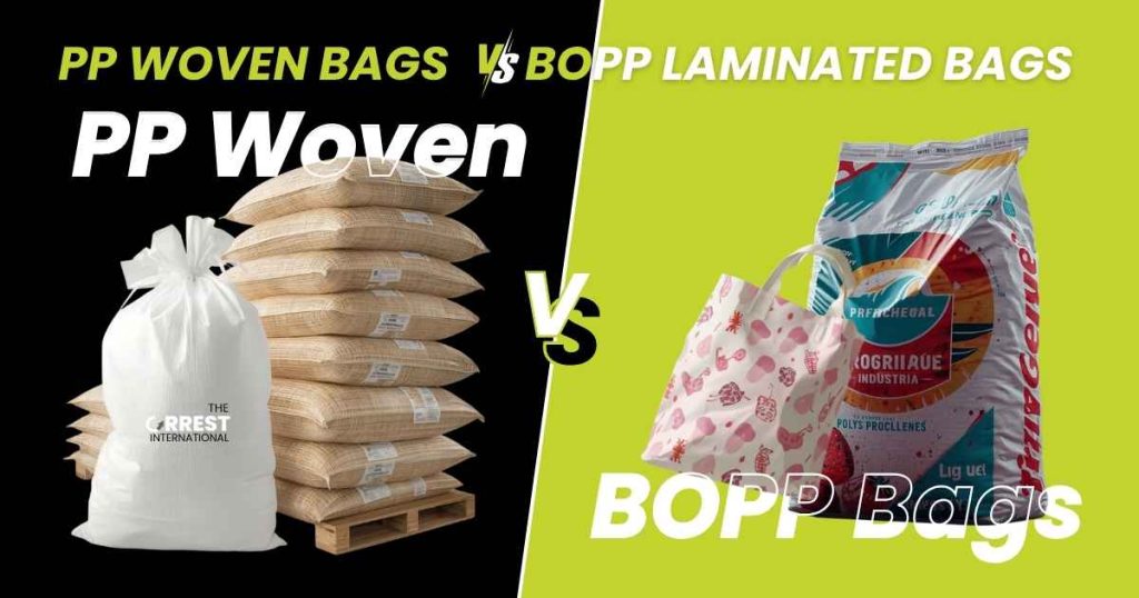 Visual comparison of PP woven bags vs BOPP laminated bags for industrial packaging by The Crrest International.