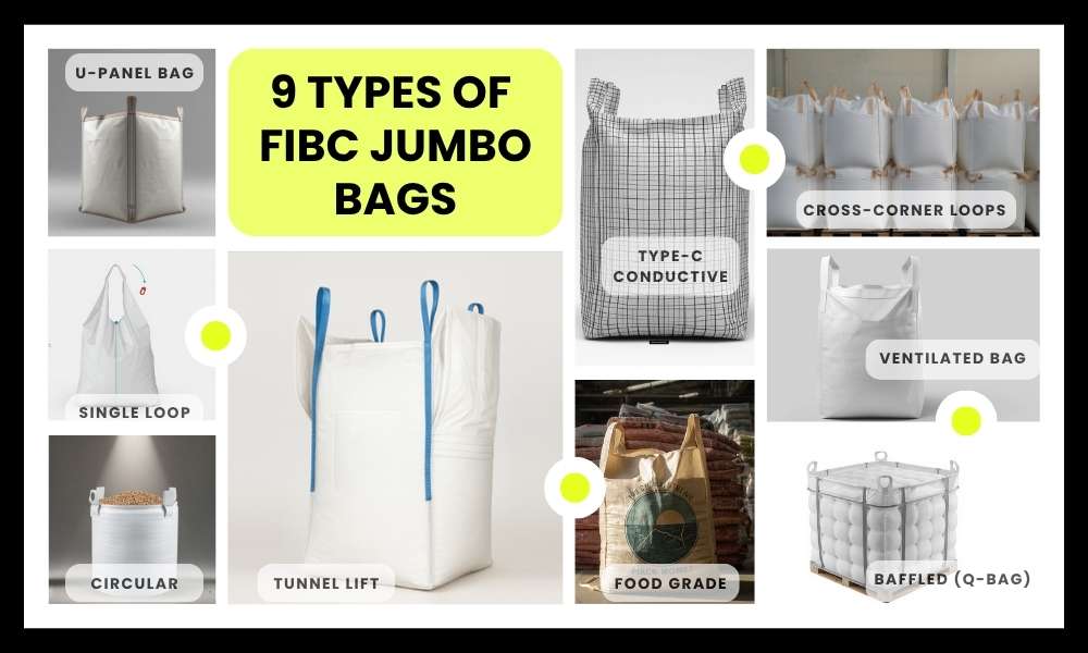 Infographic of 9 types of FIBC Jumbo Bags including baffled and ventilated designs