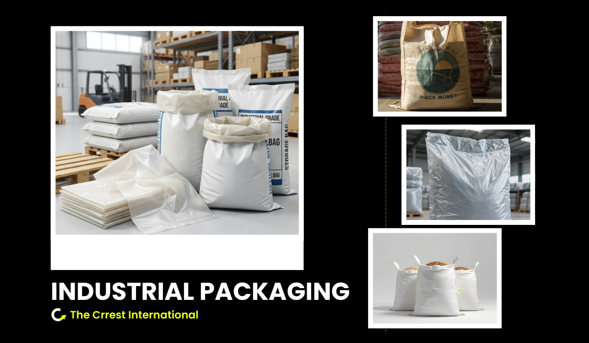 Industrial packaging solutions: PP woven bags, LDPE liners, and FIBC jumbo bags in a warehouse.
