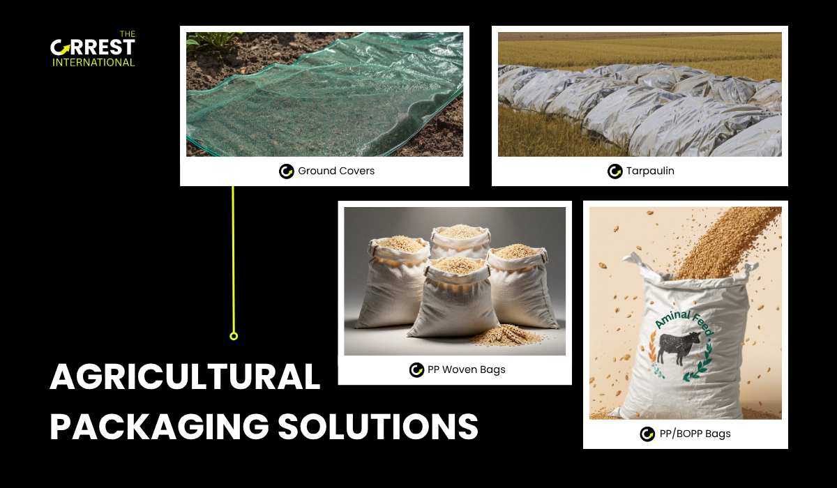 Agricultural packaging solutions including PP woven bags, BOPP bags, HDPE ground covers, and tarpaulins used for crop storage and farm protection.