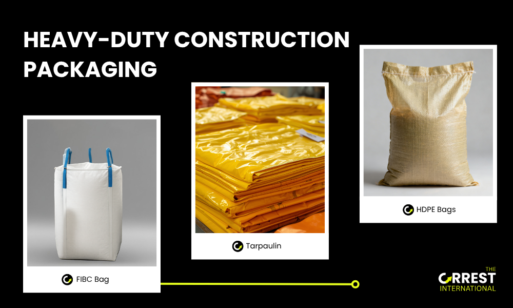 Heavy-duty HDPE woven bags and waterproof tarpaulins used for construction packaging and material protection at a construction site.